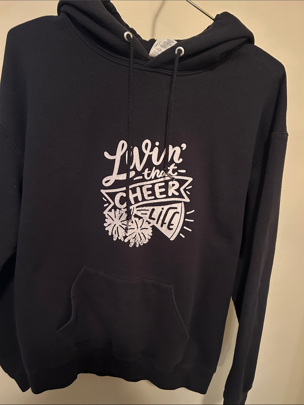Jerzees Black Crewneck Hoodie with White 'Livin' That Cheer Life' Graphic size M